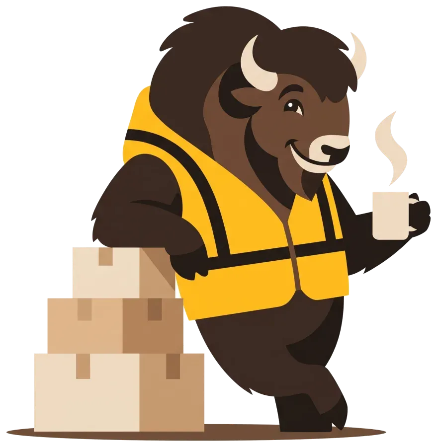 El bisonte se toma un café junto a unas cajas.