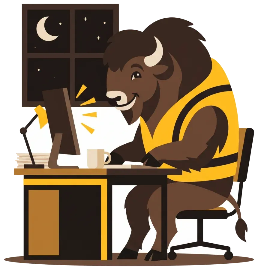 El bisonte trabaja de noche en su mesa.